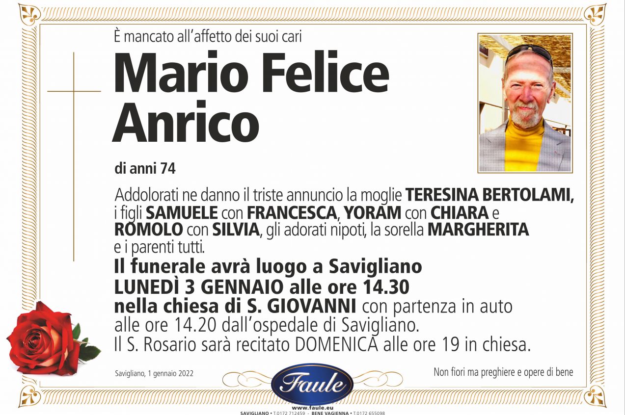 Lutto Mario Felice Anrico Onoranze funebri Faule
