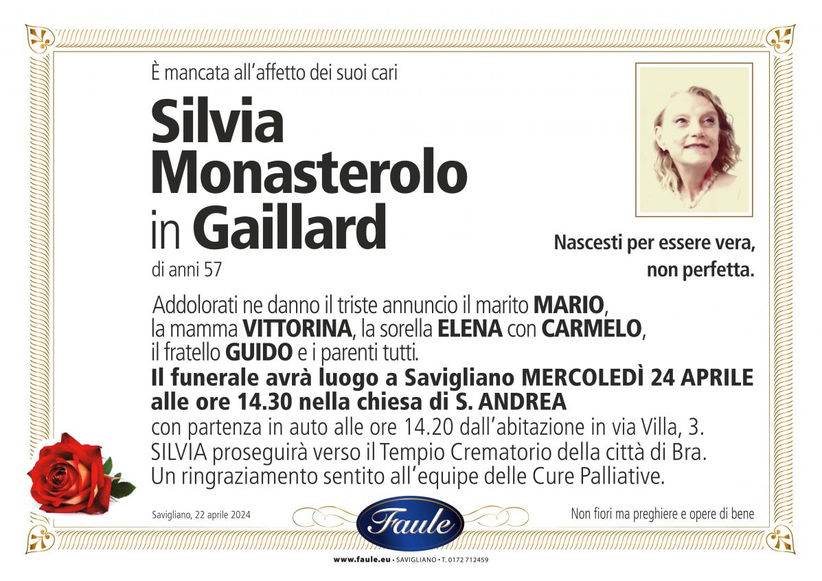 Lutto Silvia Monasterolo in Gaillard Onoranze funebri Faule