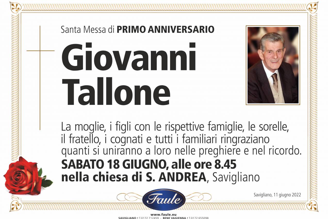 Anniversario Giovanni Tallone Onoranze funebri Faule