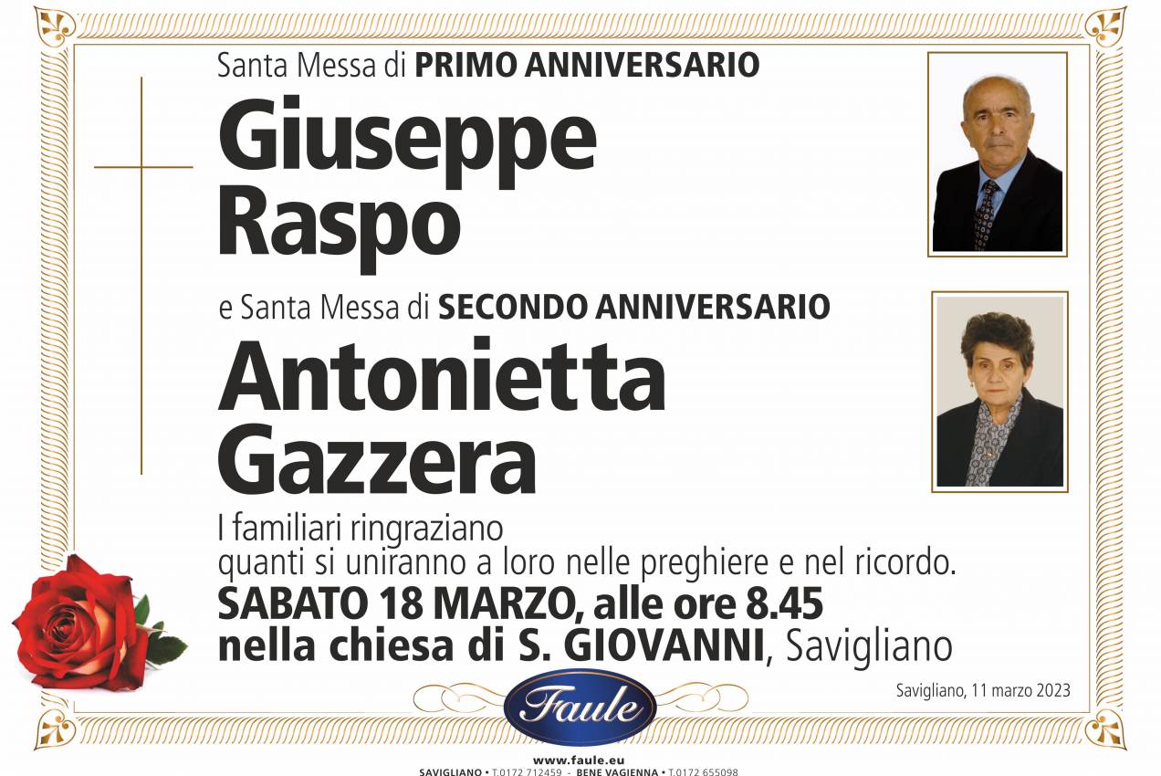 Anniversario Giuseppe Raspo e Antonietta Gazzera Onoranze funebri Faule
