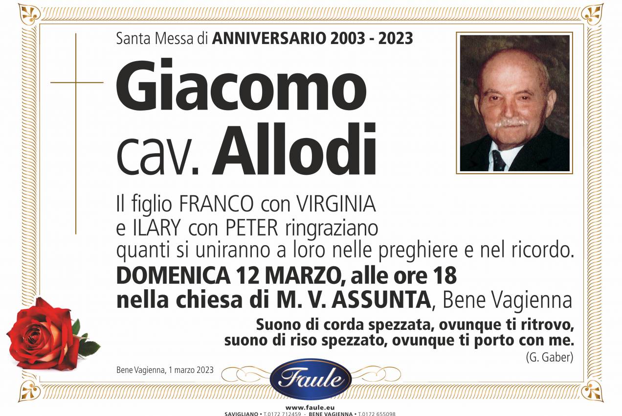 Anniversario Giacomo cav. Allodi Onoranze funebri Faule