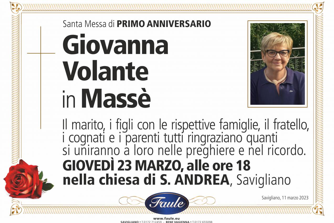 Anniversario Giovanna Volante in Massè Onoranze funebri Faule