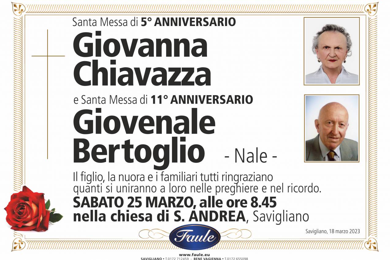 Anniversario Giovanna Chiavazza e Giovenale Bertoglio Onoranze funebri Faule