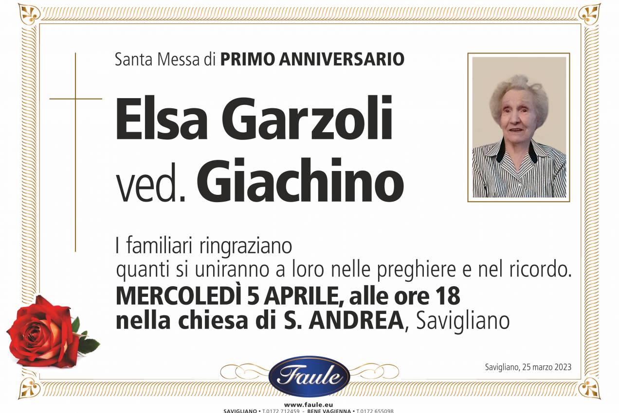Anniversario Elsa Garzoli ved. Giachino Onoranze funebri Faule