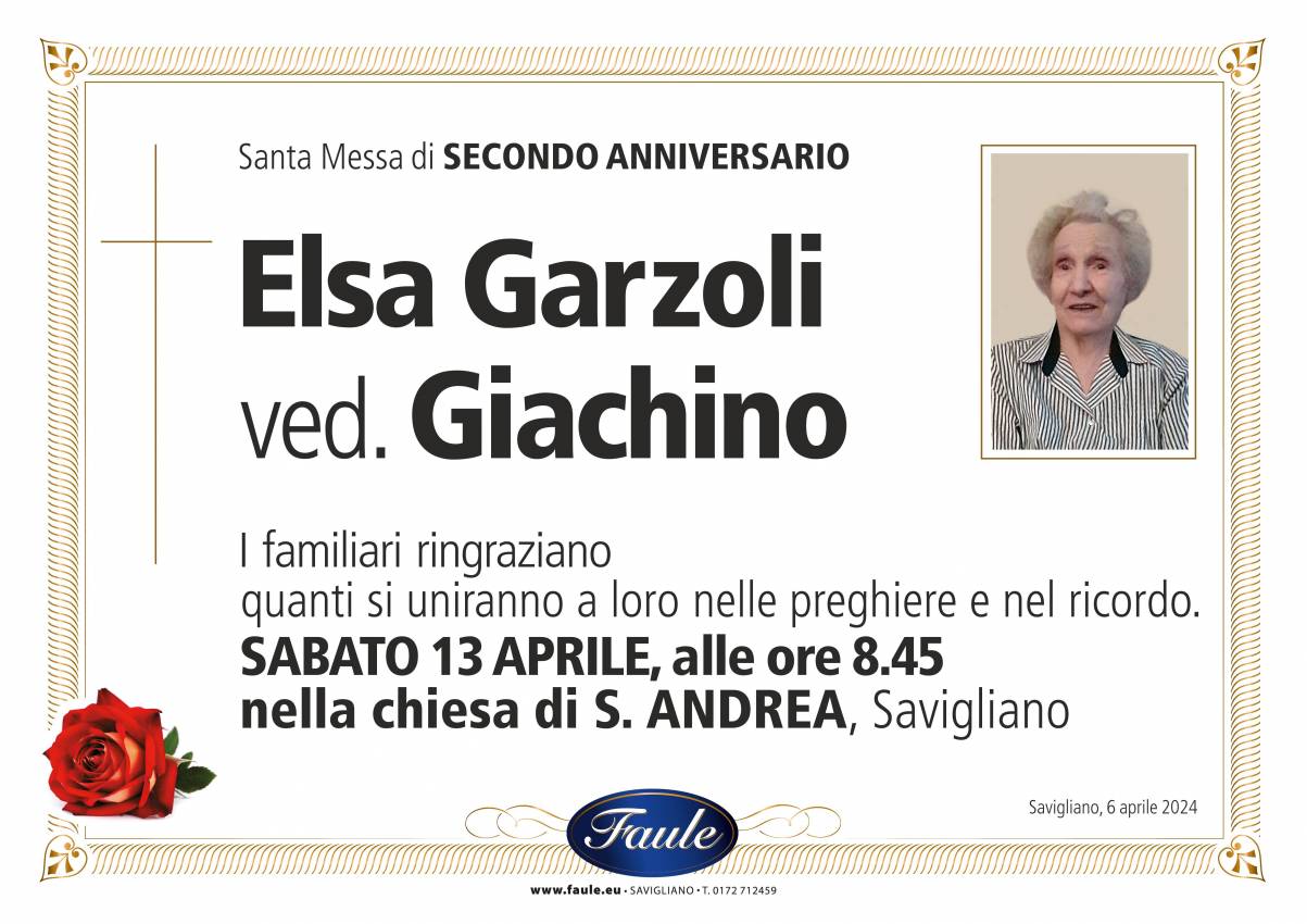 Anniversario Elsa Garzoli ved. Giachino Onoranze funebri Faule