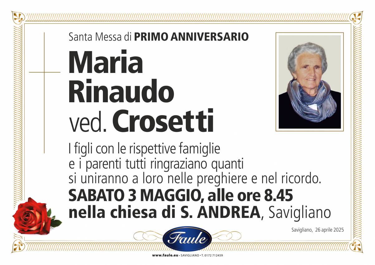 Anniversario Maria Rinaudo ved. Crosetti Onoranze funebri Faule
