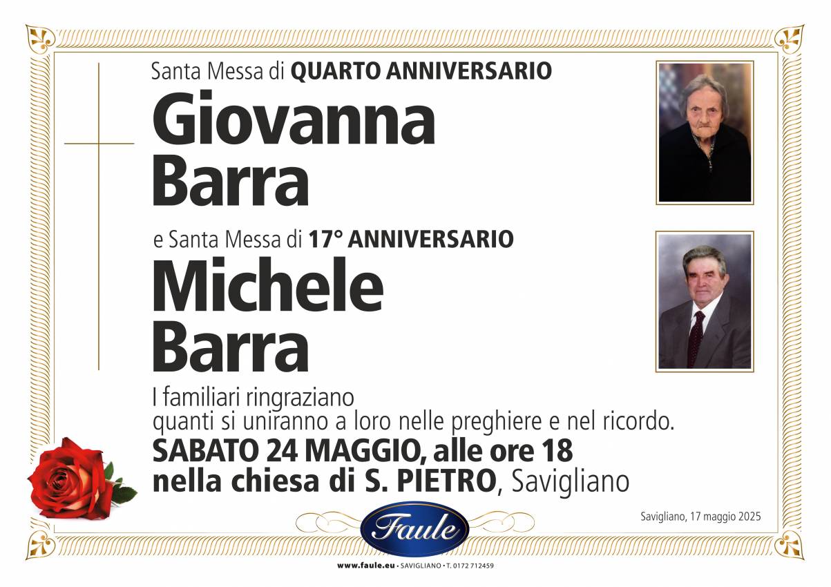Anniversario Giovanna Barra e Michele Barra Onoranze funebri Faule