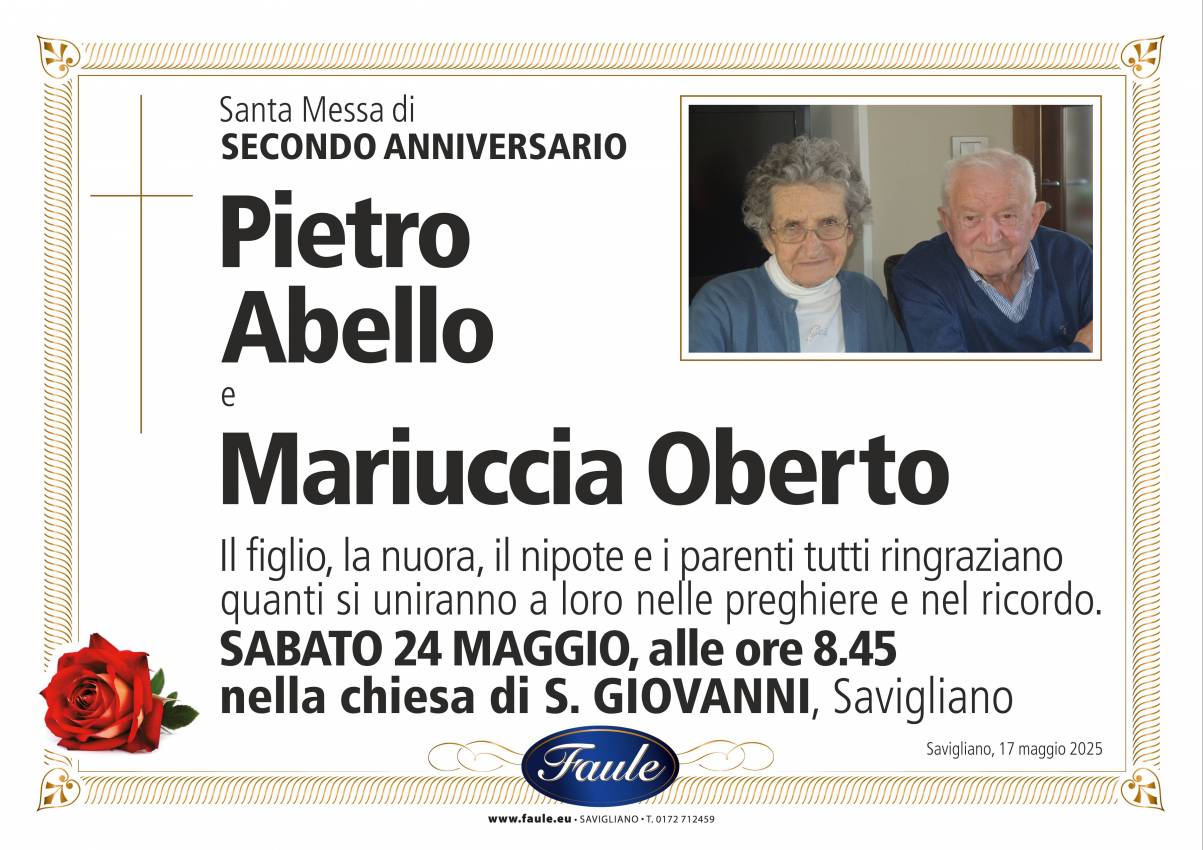 Anniversario Pietro Abello e Mariuccia Oberto Onoranze funebri Faule