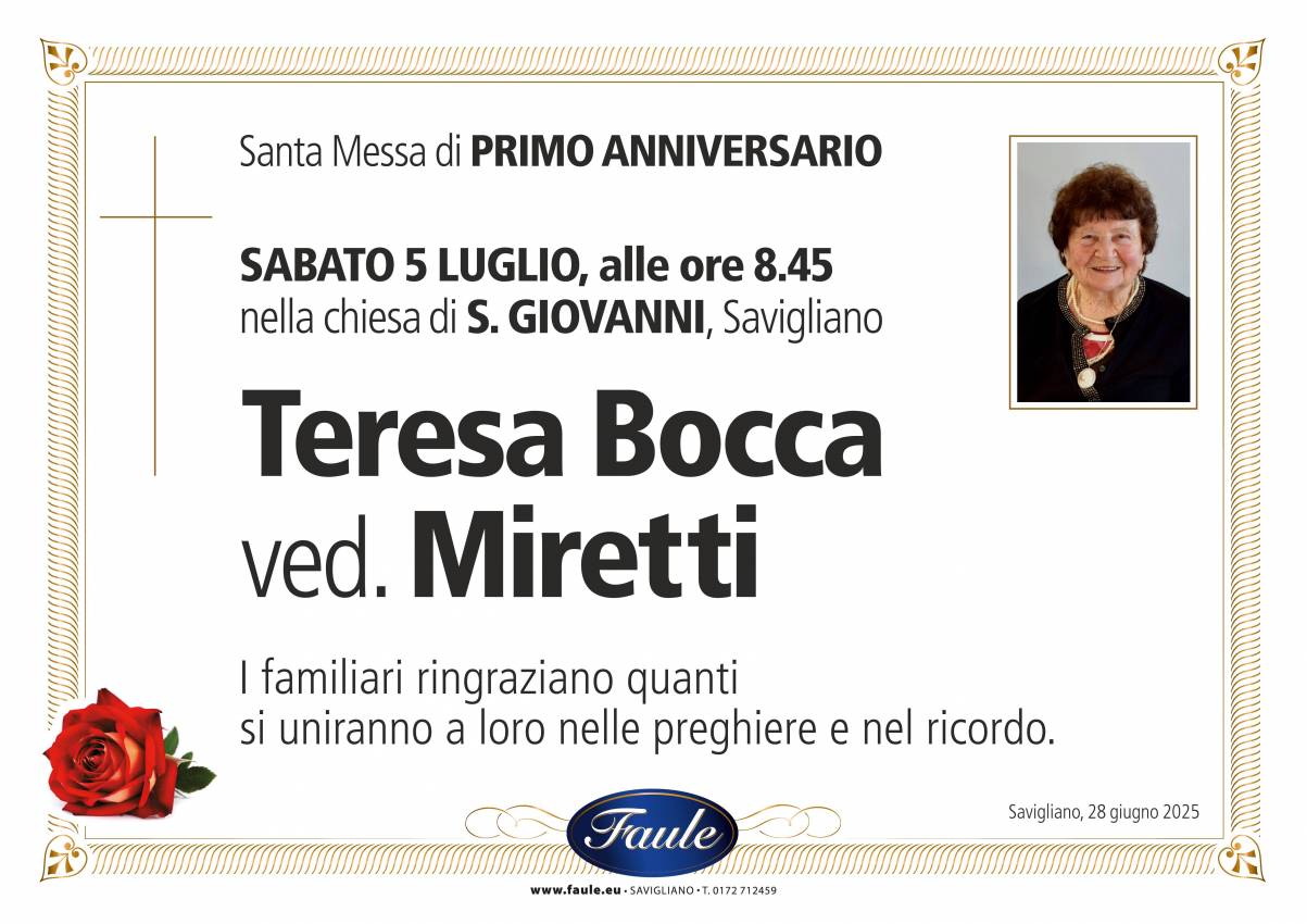 Anniversario Teresa Bocca ved. Miretti Onoranze funebri Faule