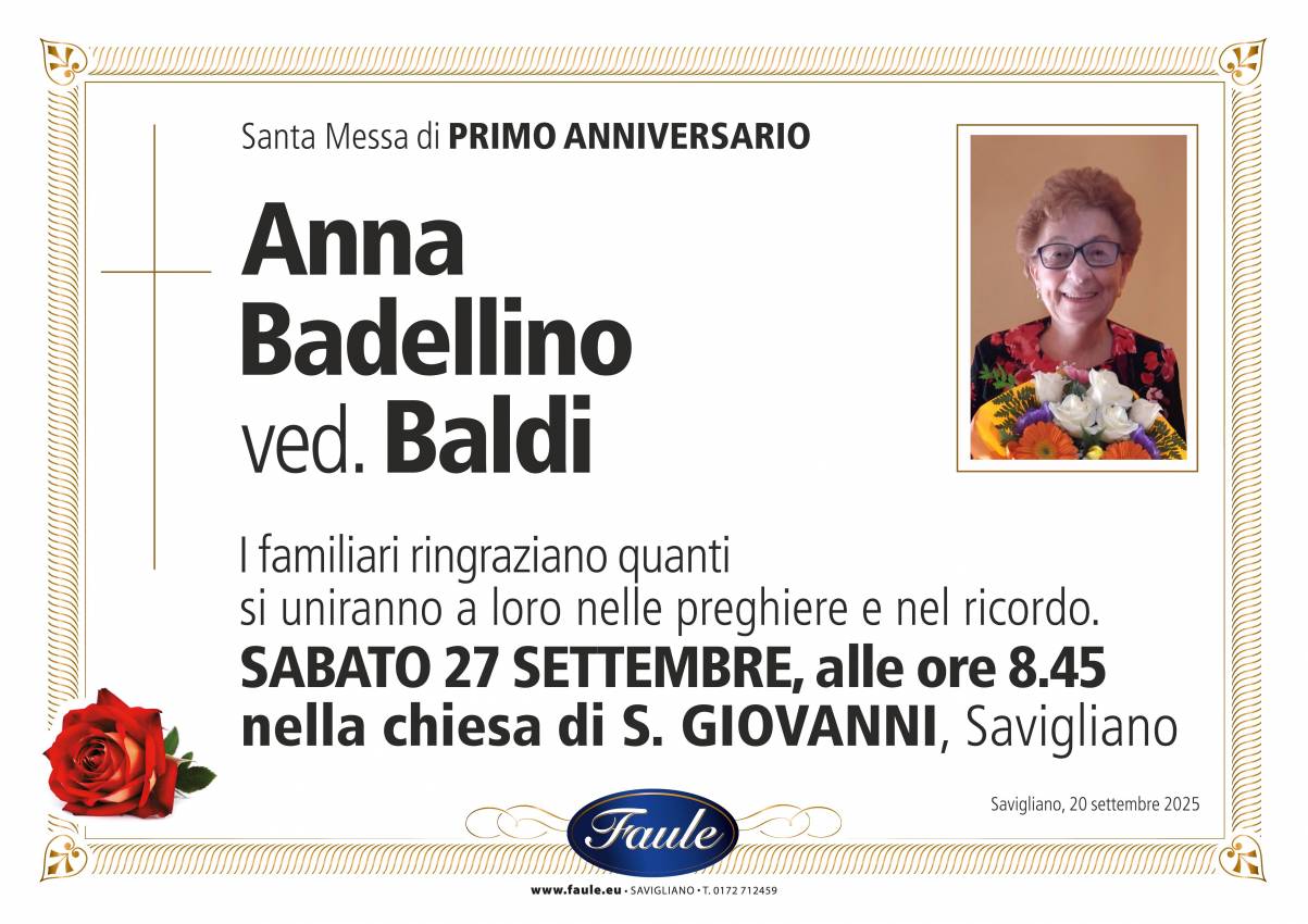 Anniversario Anna Badellino ved. Baldi Onoranze funebri Faule