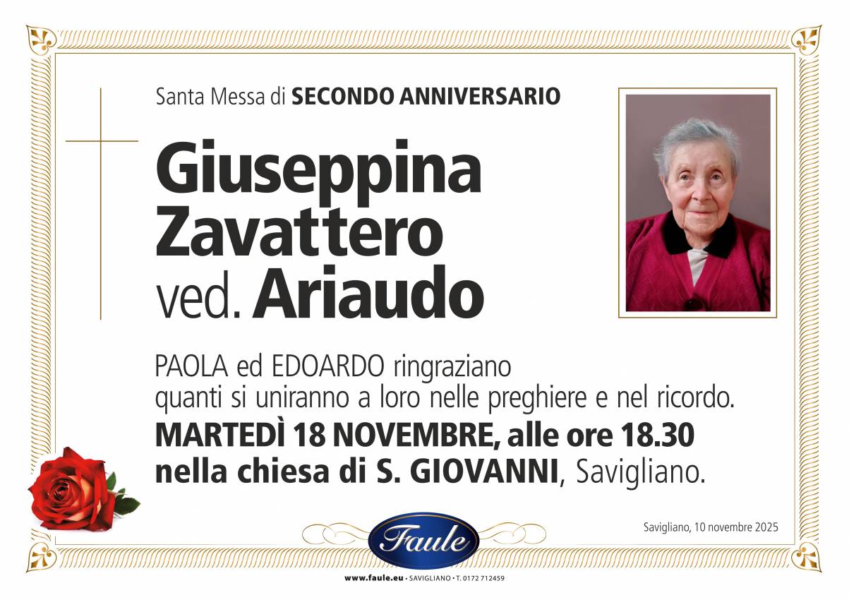 Anniversario Giuseppina Zavattero ved Ariaudo Onoranze funebri Faule