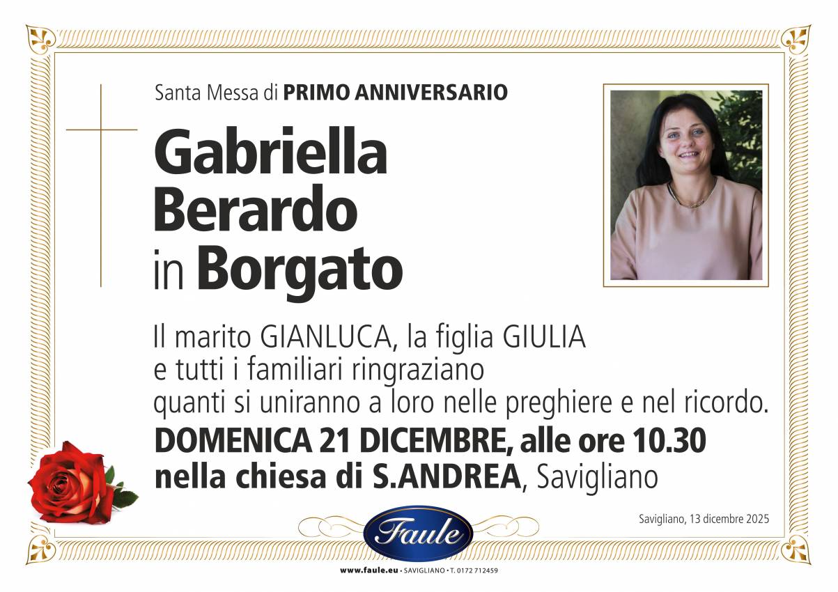 Anniversario Gabriella Berardo in Borgato Onoranze funebri Faule