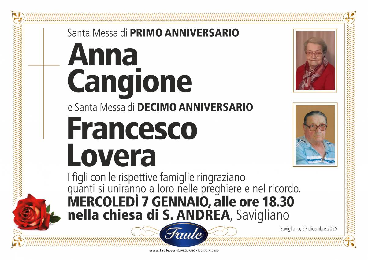 Anniversario Anna Cangione e Francesco Lovera Onoranze funebri Faule