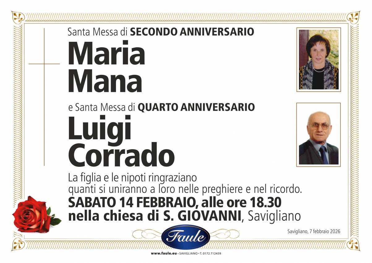 Anniversario Maria Mana e Luigi Corrado Onoranze funebri Faule
