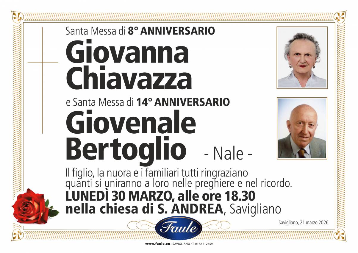 Anniversario Giovanna Chiavazza e Giovenale Bertoglio Onoranze funebri Faule