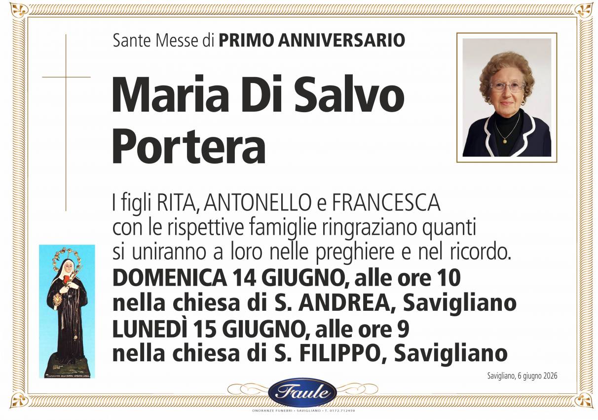 Anniversario Maria Di Salvo Portera Onoranze funebri Faule