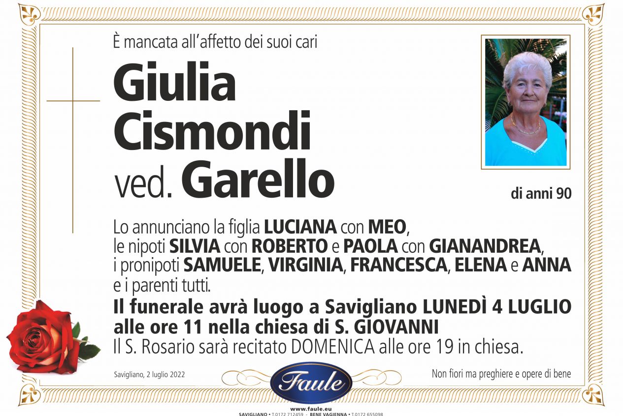 Lutto Giulia Cismondi ved. Garello Onoranze funebri Faule