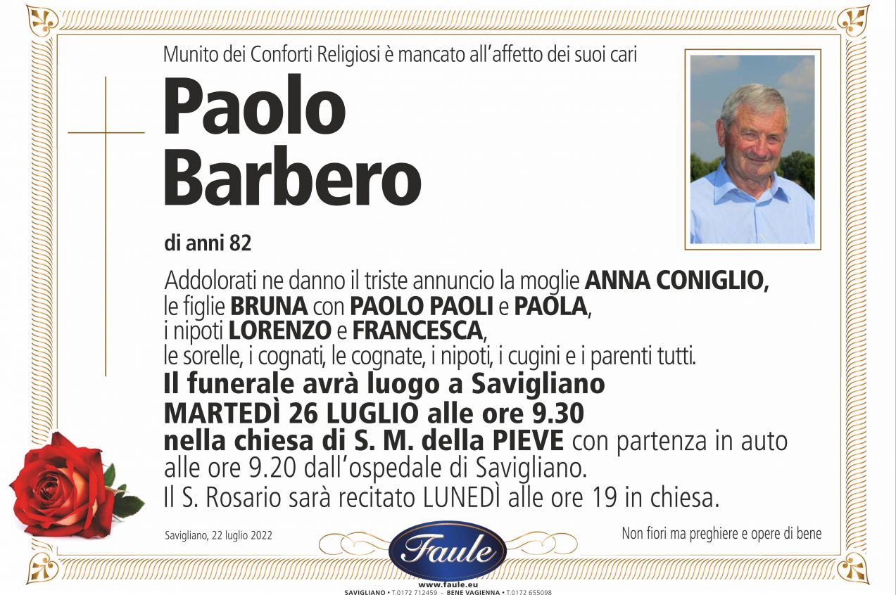Lutto Paolo Barbero Onoranze funebri Faule