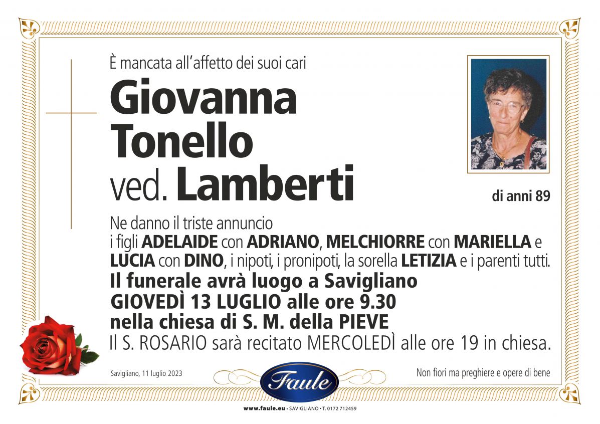 Lutto Giovanna Tonello ved. Lamberti Onoranze funebri Faule