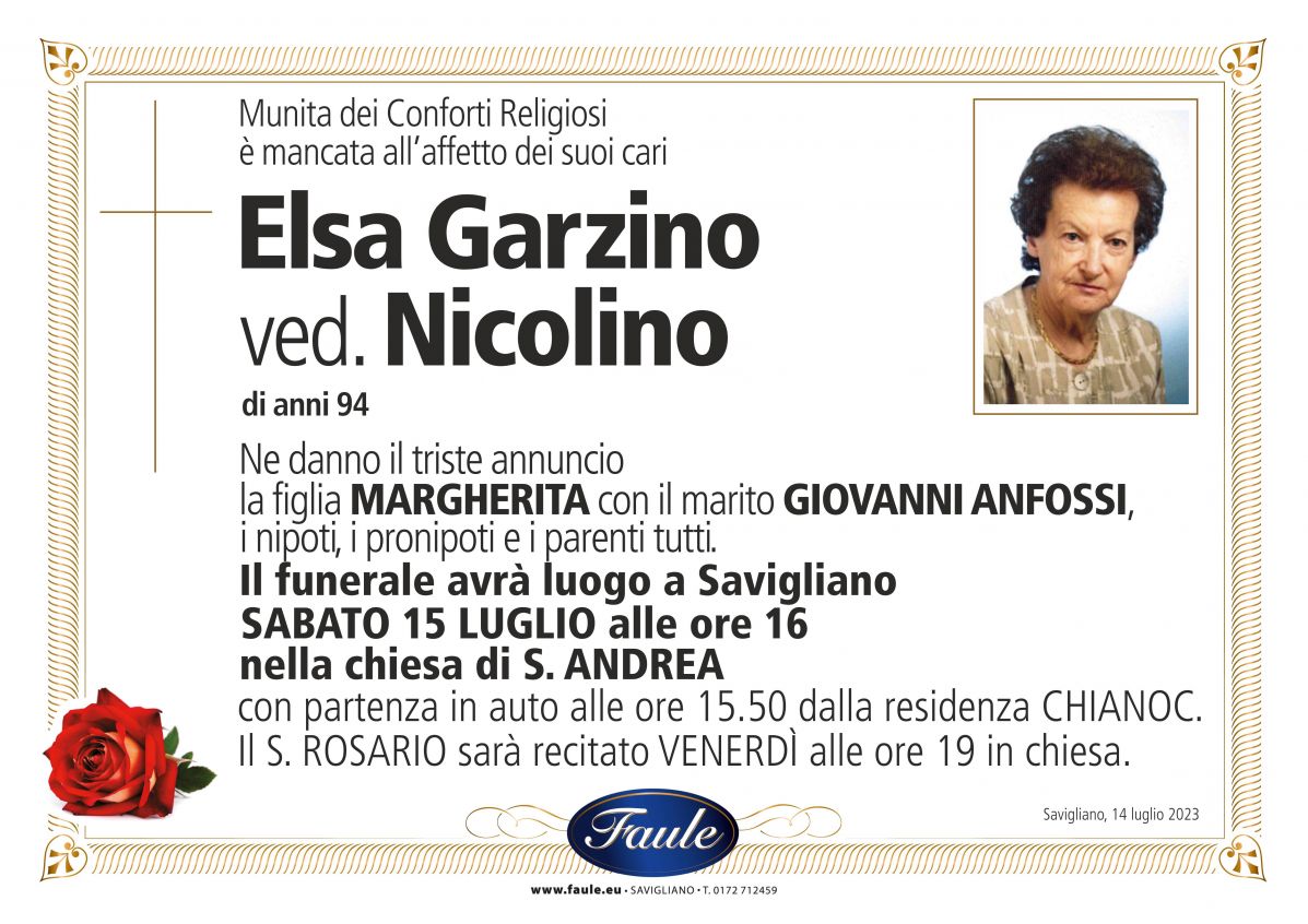 Lutto Elsa Garzino ved. Nicolino Onoranze funebri Faule