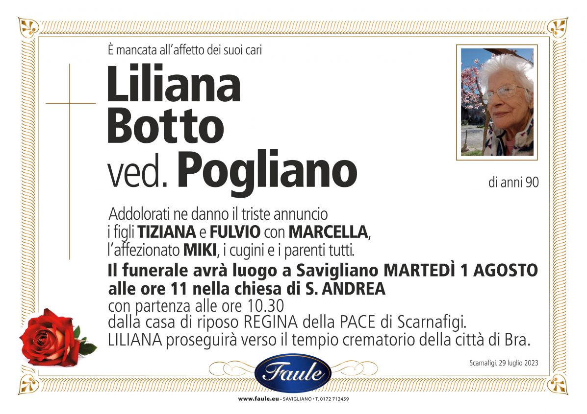 Lutto Liliana Botto ved. Pogliano Onoranze funebri Faule
