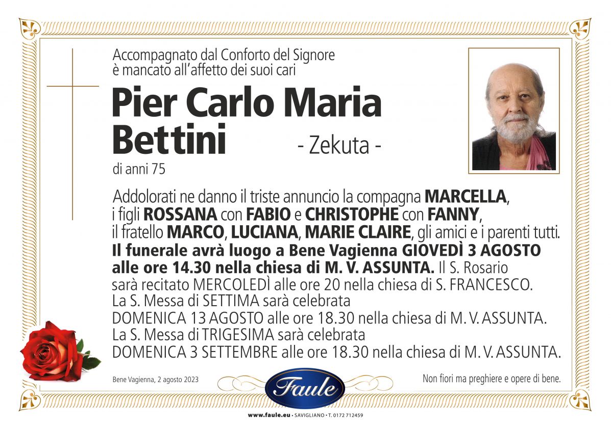 Lutto Pier Carlo Maria Bettini Onoranze funebri Faule
