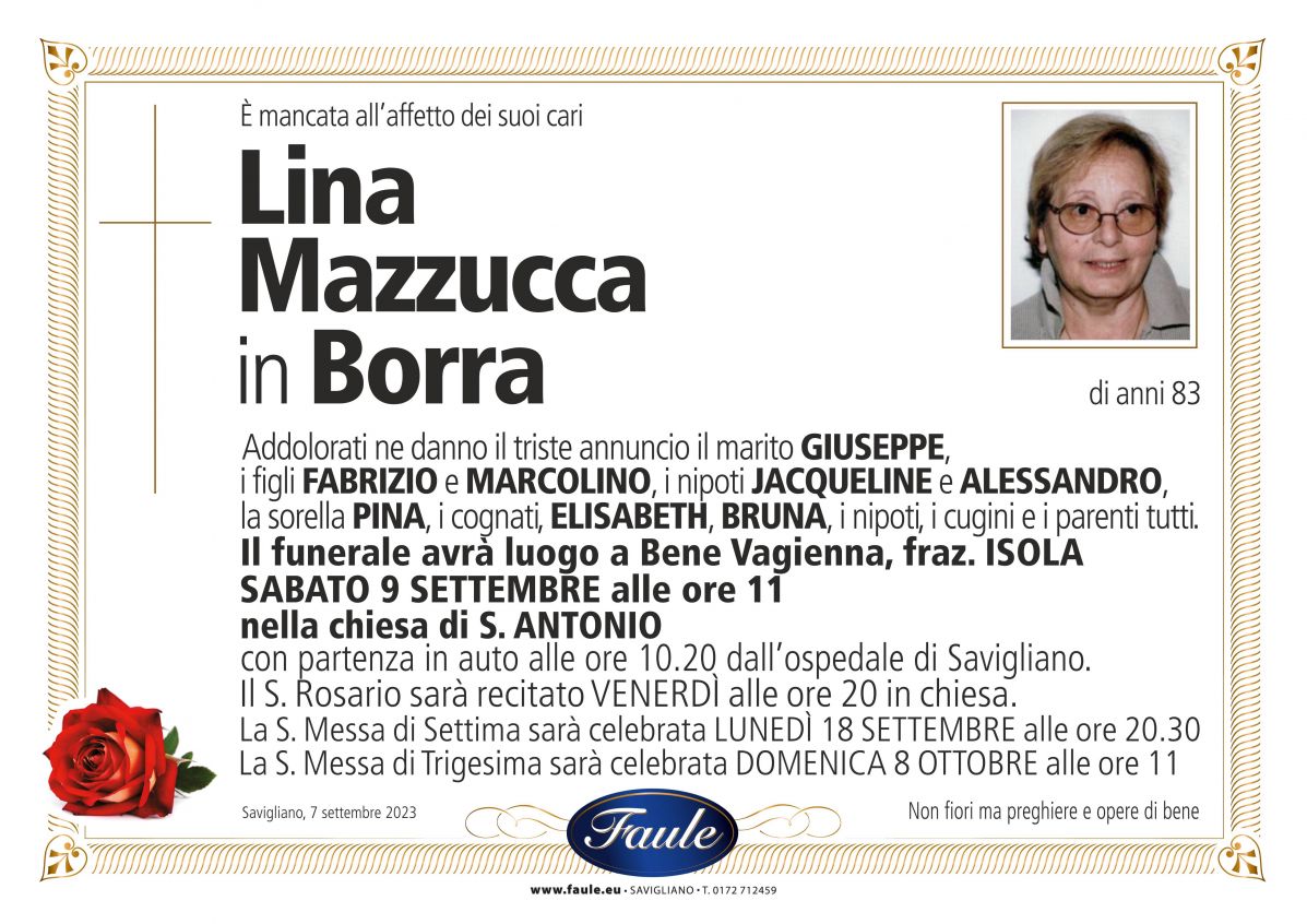 Lutto Lina Mazzucca in Borra Onoranze funebri Faule