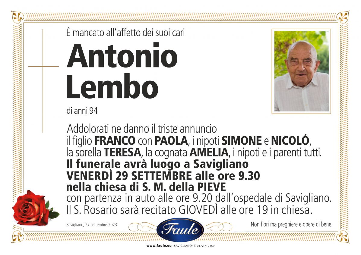 Lutto Antonio Lembo Onoranze funebri Faule
