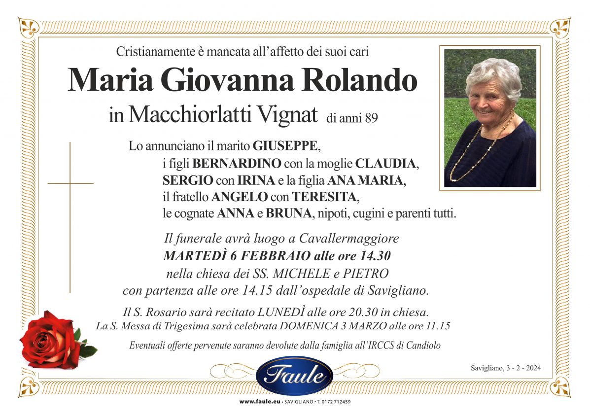 Lutto Maria Giovanna Rolando in Macchiorlatti Vignat Onoranze funebri Faule