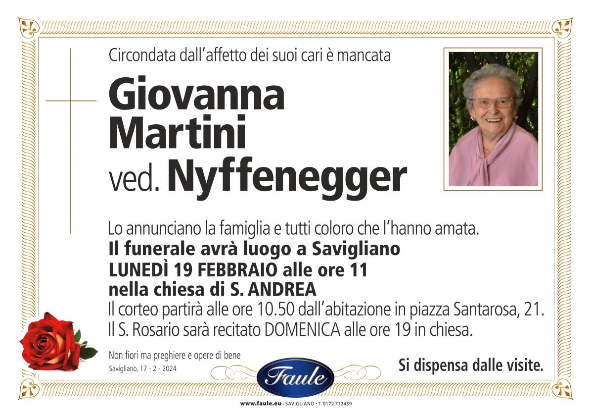 Lutto Giovanna Martini ved. Nyffenegger Onoranze funebri Faule