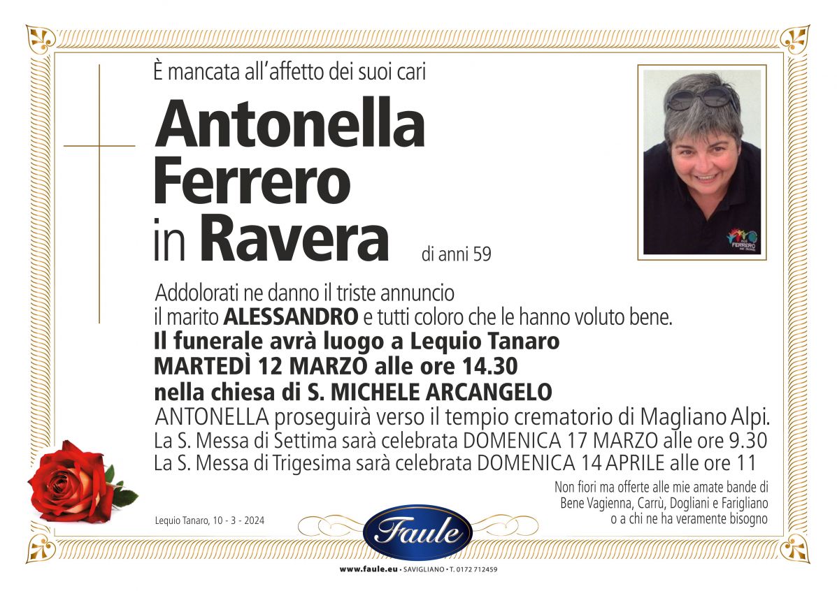Lutto Antonella Ferrero in Ravera Onoranze funebri Faule