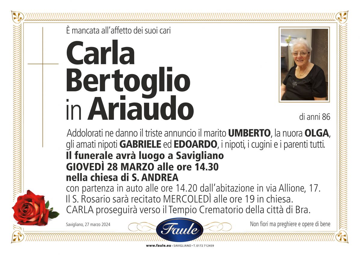 Lutto Carla Bertoglio in Ariaudo Onoranze funebri Faule