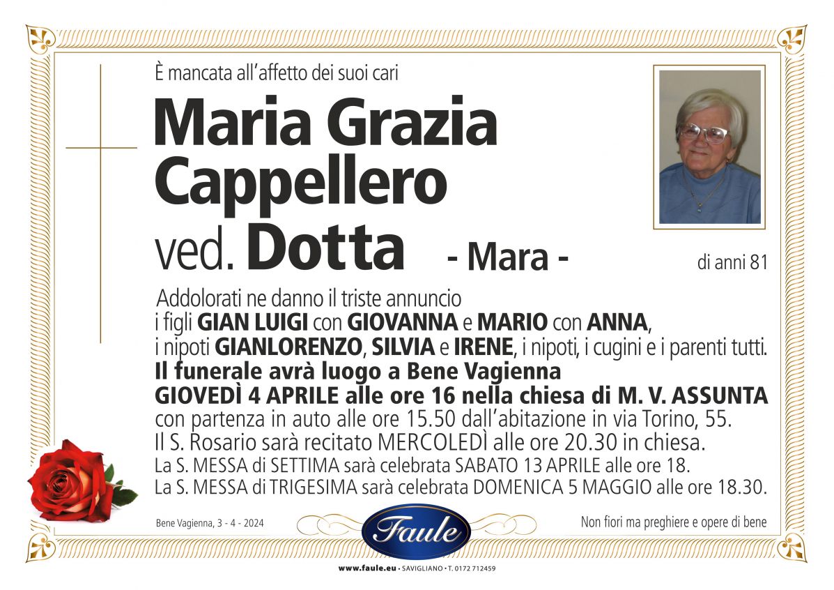 Lutto Maria Grazia Cappellero ved. Dotta Onoranze funebri Faule