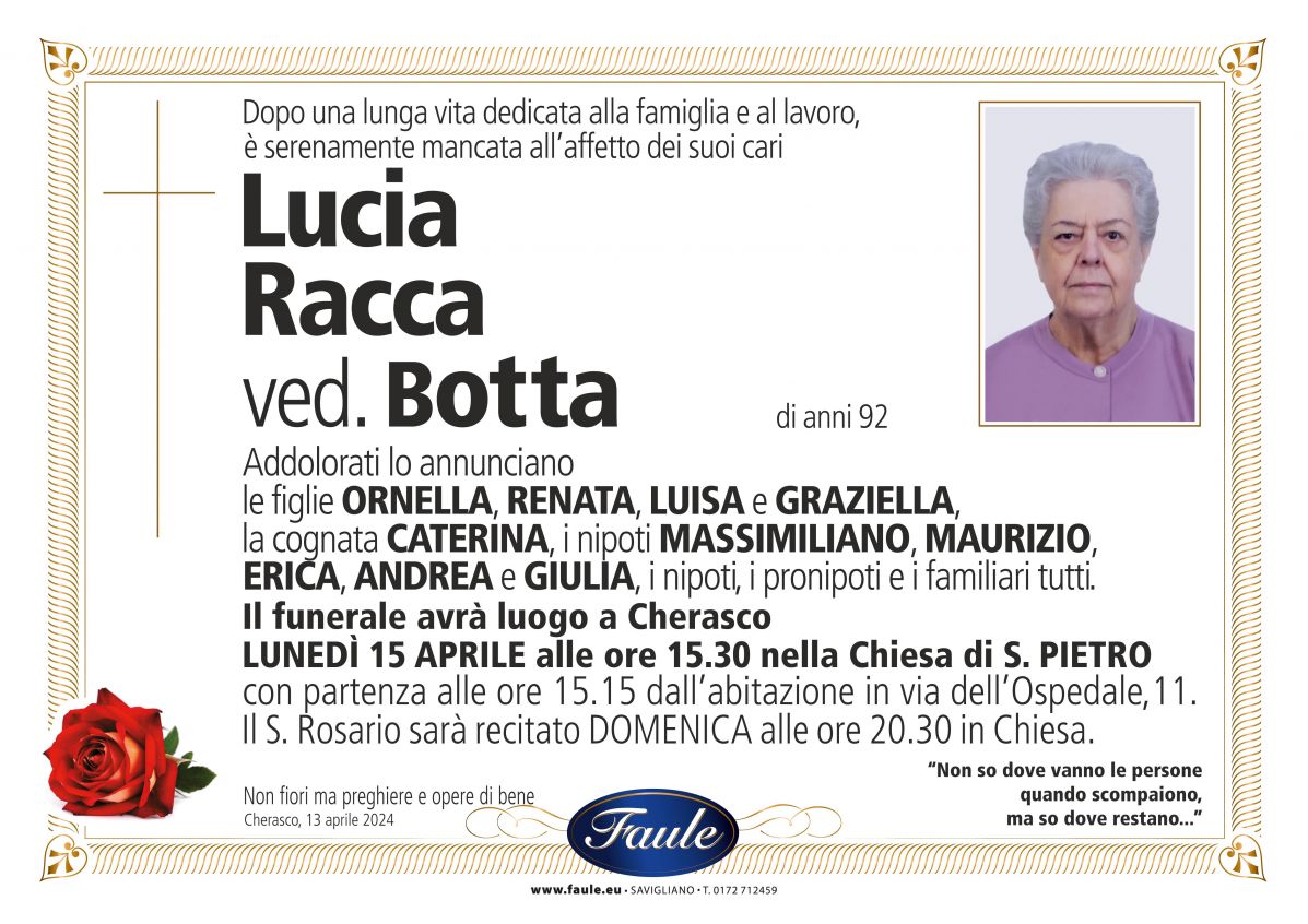 Lutto Lucia Racca ved Botta Onoranze funebri Faule