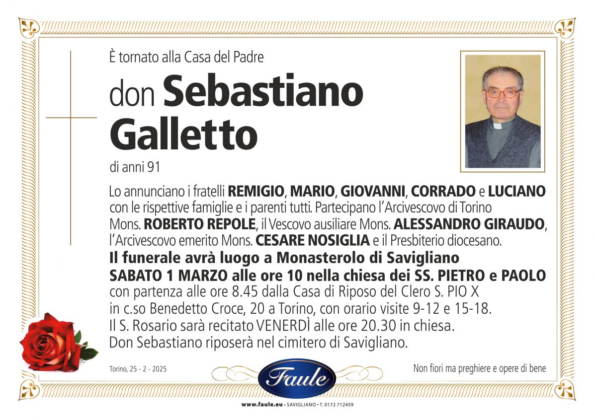 Lutto don Sebastiano Galletto Onoranze funebri Faule