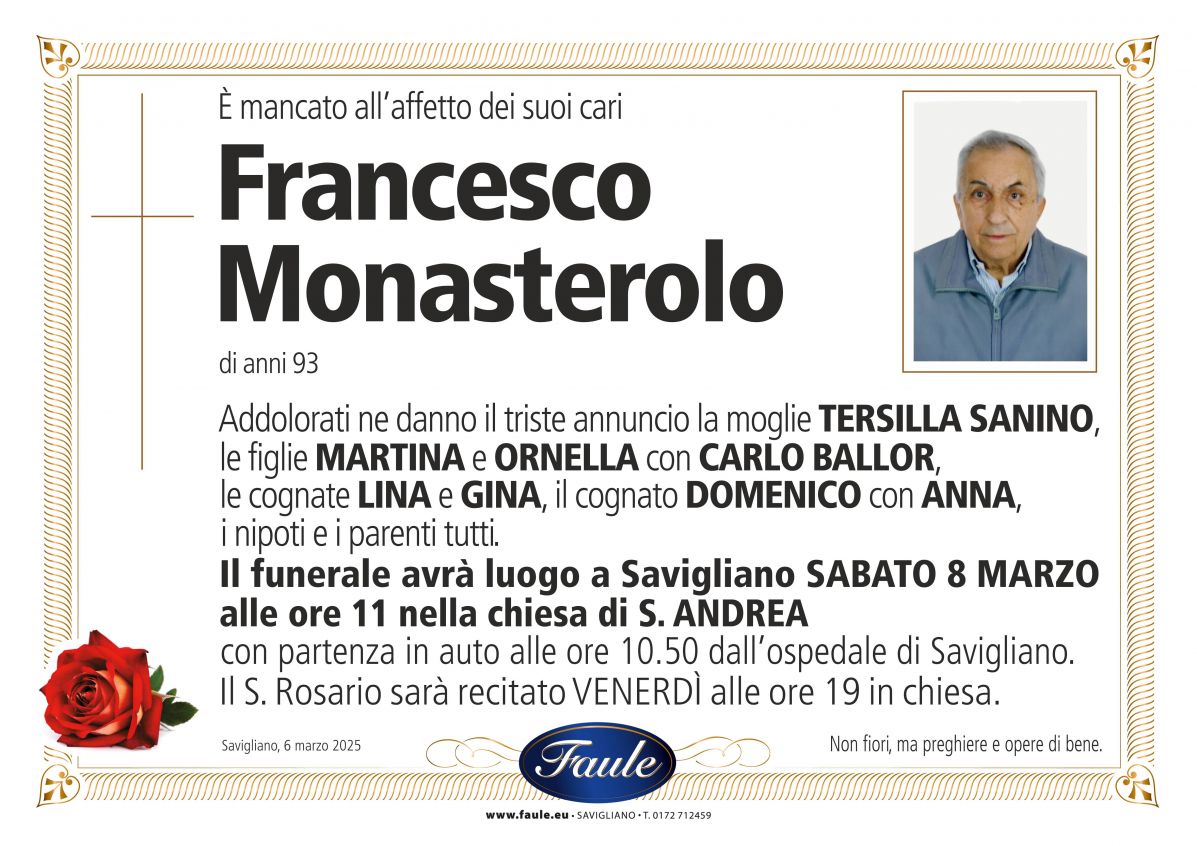Lutto Francesco Monasterolo Onoranze funebri Faule