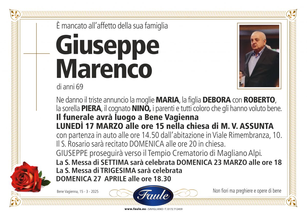 Lutto Giuseppe Marenco Onoranze funebri Faule