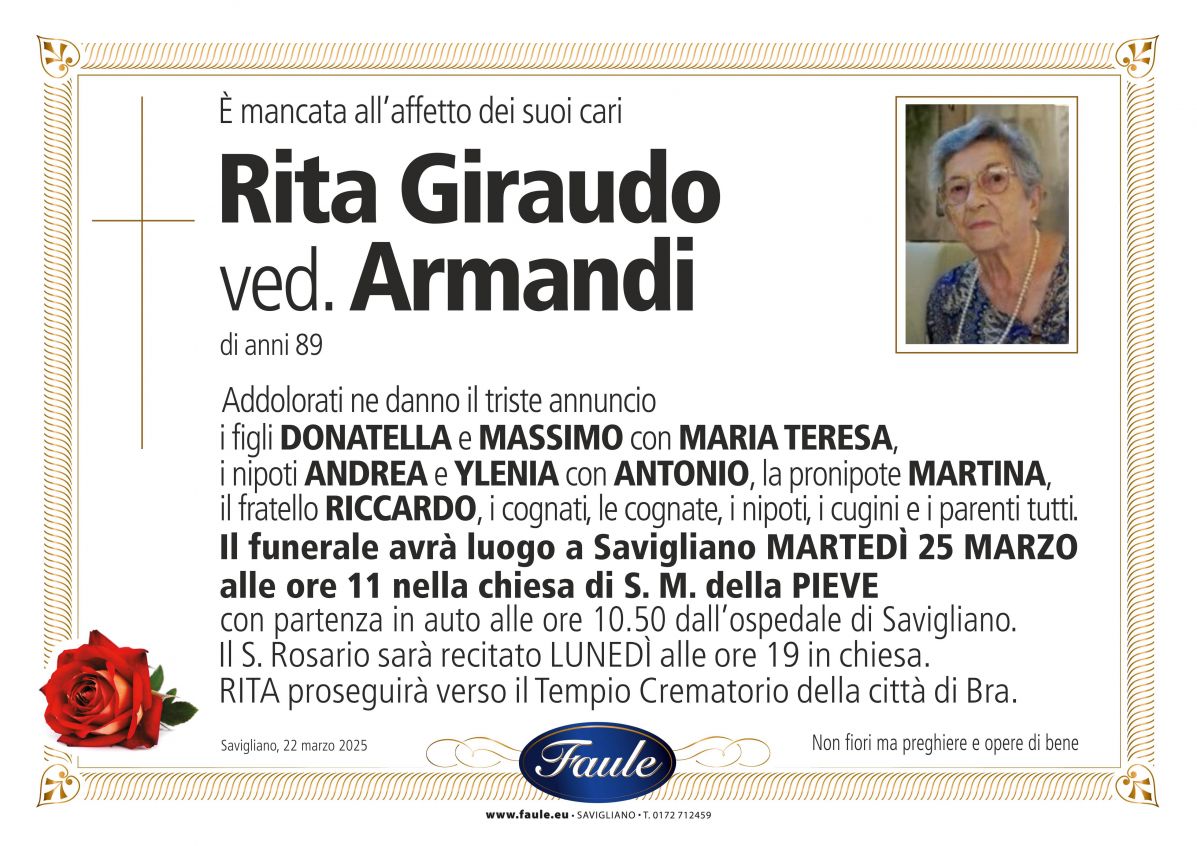 Lutto Rita Giraudo ved. Armandi Onoranze funebri Faule