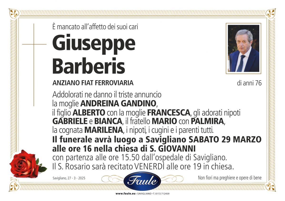 Lutto Giuseppe Barberis Onoranze funebri Faule
