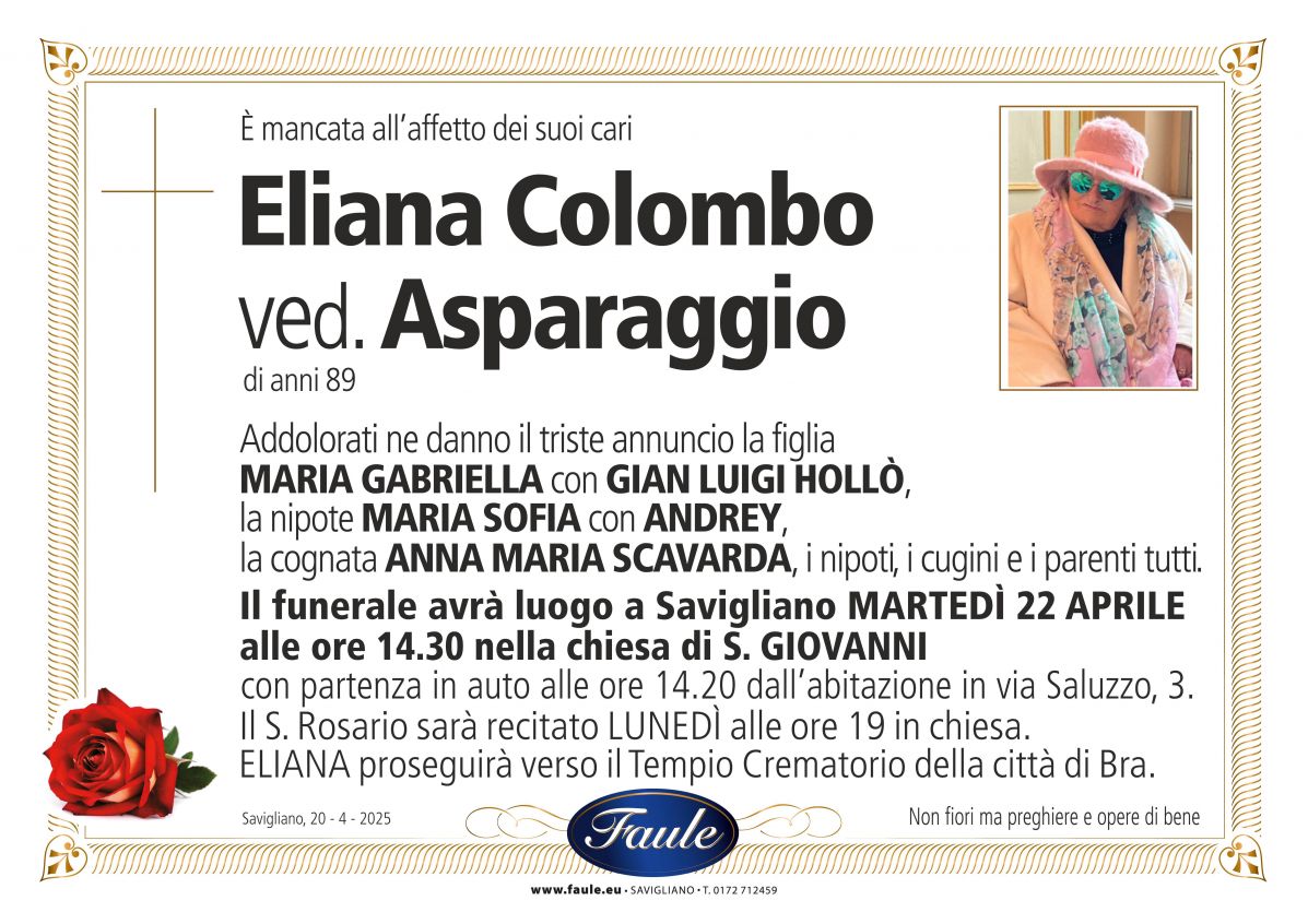 Lutto Eliana Colombo ved Asparaggio Onoranze funebri Faule
