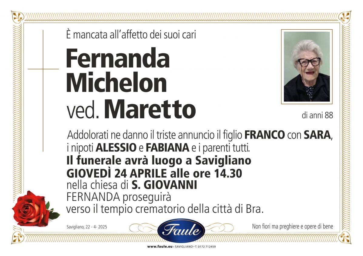 Lutto Fernanda Michelon ved. Maretto Onoranze funebri Faule