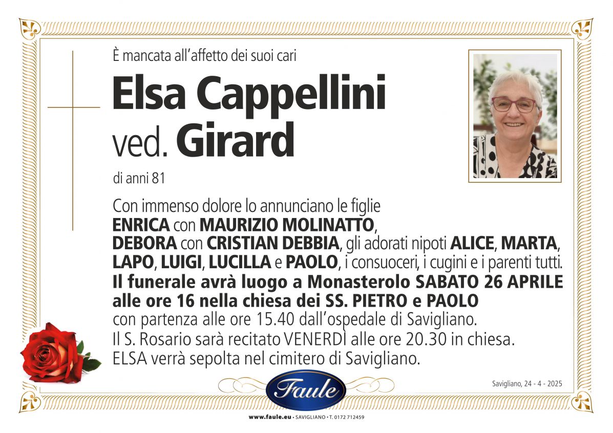 Lutto Elsa Cappellini ved. Girard Onoranze funebri Faule