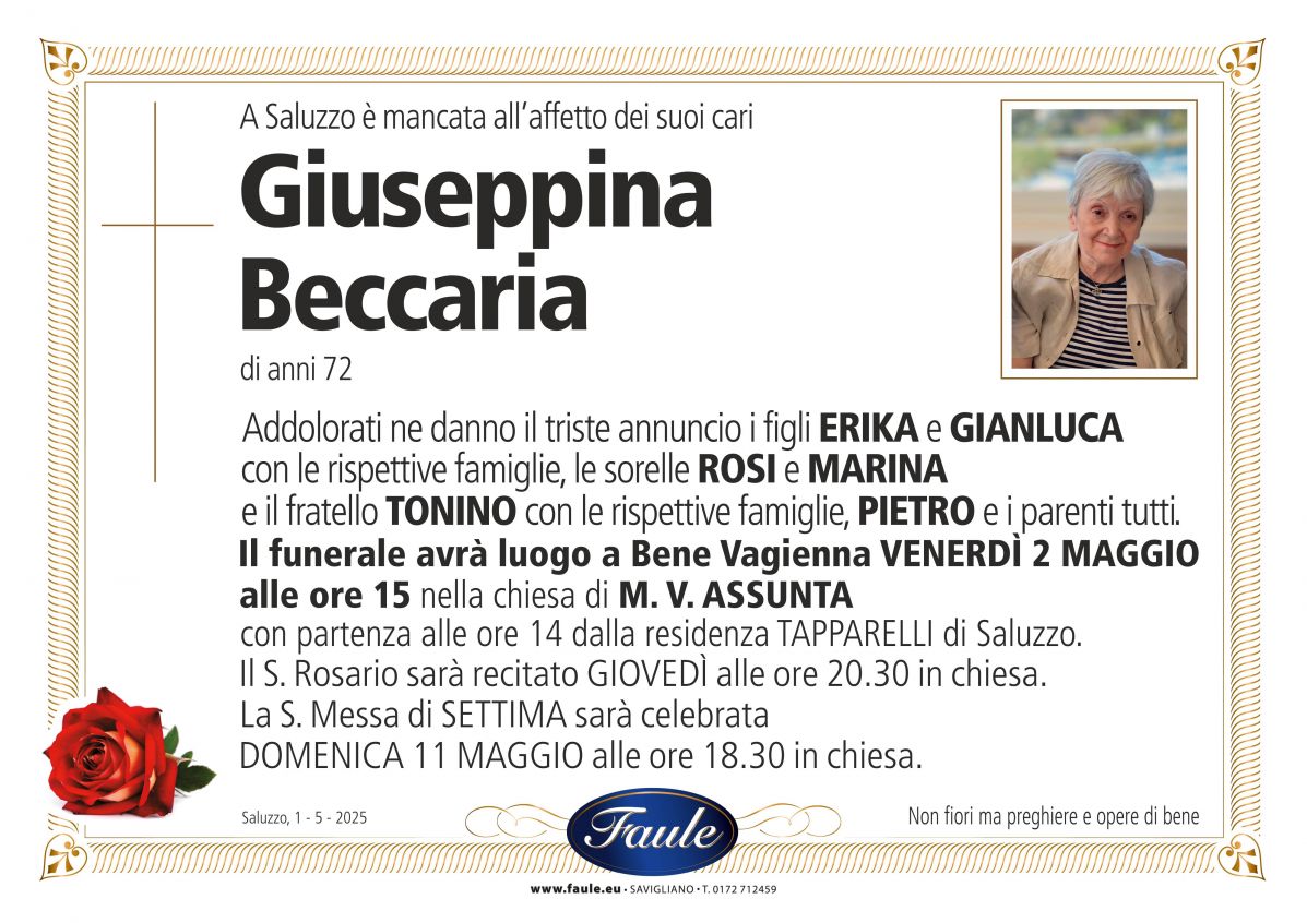Lutto Giuseppina Beccaria Onoranze funebri Faule
