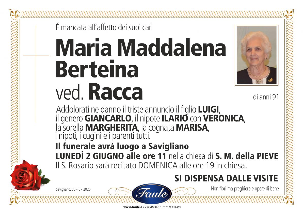 Lutto Maria Maddalena Berteina ved. Racca Onoranze funebri Faule