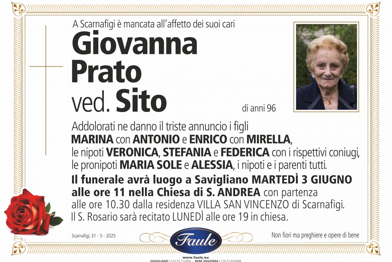 Lutto Giovanna Prato ved. Sito Onoranze funebri Faule