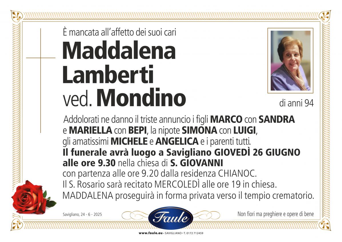 Lutto Maddalena Lamberti ved. Mondino Onoranze funebri Faule