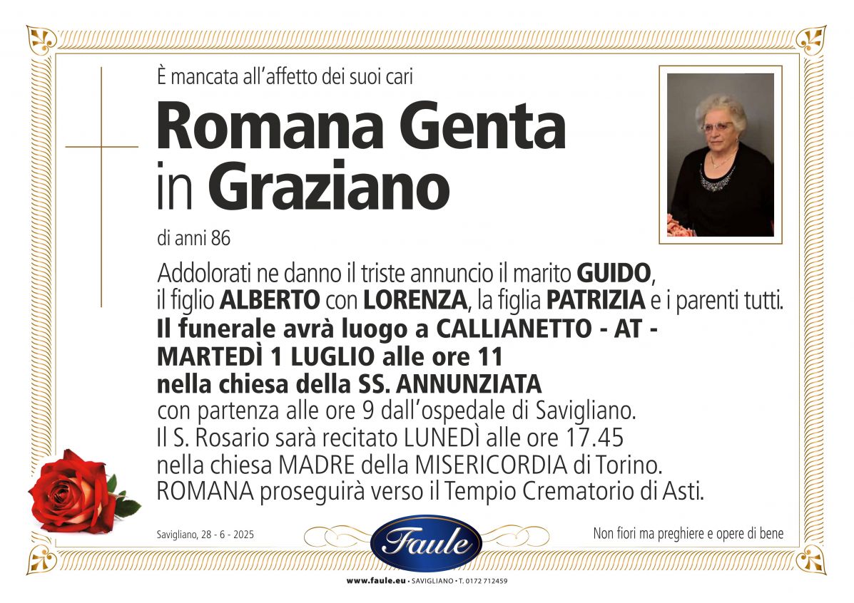 Lutto Romana Genta in Graziano Onoranze funebri Faule