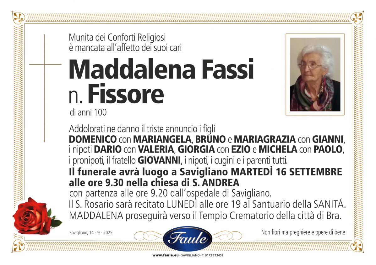 Lutto Maddalena Fassi n. Fissore Onoranze funebri Faule