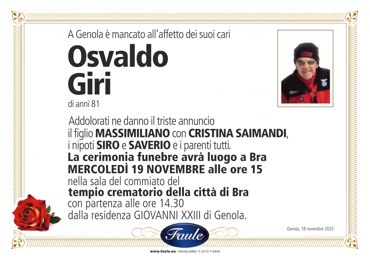 Lutto Osvaldo Giri Onoranze funebri Faule