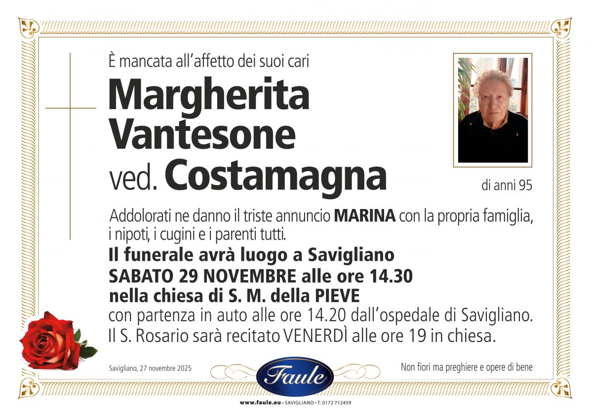 Lutto Margherita Vantesone ved. Costamagna Onoranze funebri Faule